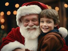 ai generado contento niño reunirse Papa Noel claus en Navidad foto