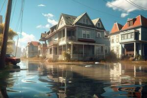 AI generated Flooded houses weather calamity digital art. Generate ai photo