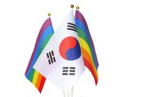 arco iris bandera y nacional bandera de Corea en blanco antecedentes. el símbolo de orgullo para lgbt gente. suave y selectivo enfocar. foto