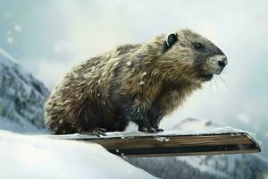 AI generated Marmot snowboarding winter. Generate ai photo