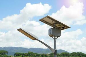 street lamp from solar energy that generates electricity from solar panels. Soft and selective focus. photo