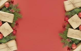 Christmas frame made of gift boxes, red balls, serpentine on a red background. Festive Christmas decorations. Christmas background. Banner layout, postcard. The apartment was lying. Copy space photo