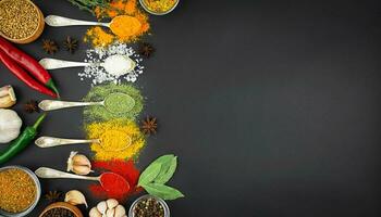 Various spices and herbs in spoons on a dark table. Indian cuisine. Food background. Banner. Copy space. photo