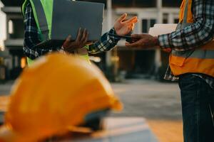 Team Construction or engineering group and worker. Teamwork and determination to succeed. Safety hard hat to prevent accident while working Transport and Container Team. Concept Restart and new Normal photo