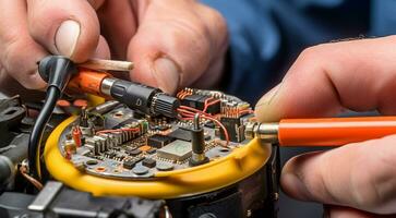 AI generated close-up of hands fixing computer board, computer board close-up, person fixing computer photo