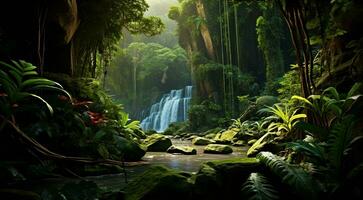 AI generated waterfall in forest, waterfall in the jungle, tropical landscape in the jungle, plants and green trees in the jungle, waterfall with lake in the forest photo