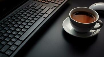 ai generado de cerca de taza de café y ordenador portátil teclado, negocio mans mesa, teclado en el mesa, de cerca de ordenador portátil teclado, teclado y taza de café foto