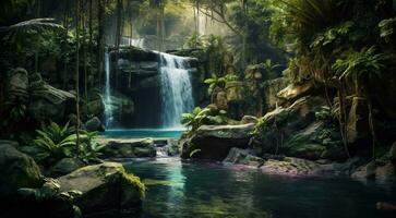 AI generated waterfall in forest, waterfall in the jungle, tropical landscape in the jungle, plants and green trees in the jungle, waterfall with lake in the forest photo