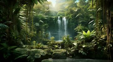 AI generated waterfall in forest, waterfall in the jungle, tropical landscape in the jungle, plants and green trees in the jungle, waterfall with lake in the forest photo