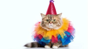 ai generado bandera gato en arco iris tutú encantador felino en un vibrante, multicolor tul falda y brillante fiesta sombrero, adecuado para festivo ocasiones foto