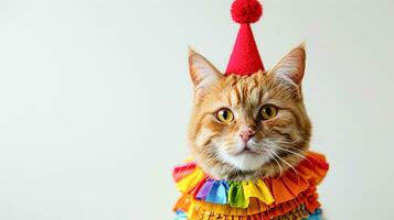 AI generated Charming ginger cat wearing colorful party hat and festive ruffle collar, ideal for greeting cards and party invitations photo