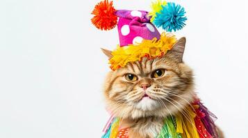 AI generated Silly cat dressed in clown costume with polka dot hat and vibrant ruffle collar - ideal for humorous greeting cards and party invitation designs. photo