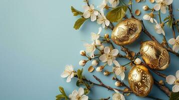 AI generated Gold Easter eggs with floral designs on blue, spring cherry blossoms backdrop, perfect for festive decor and seasonal marketing. photo