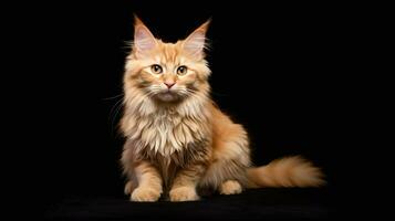 AI generated Majestic Maine Coon cat with vibrant amber eyes sitting elegantly against a black studio background photo