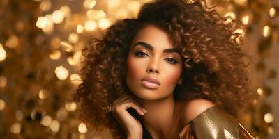 AI generated Banner Stunning mixed-race model with big curly hair, golden dress, makeup beauty close-up photo