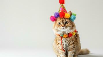 AI generated Adorable tabby cat in vibrant party hat and ruffled collar on white background, perfect for birthday or celebration themes photo