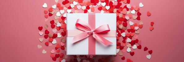 AI generated Valentine's Day gift with pink ribbon and heart confetti on red background, perfect for romantic celebrations and holiday marketing photo