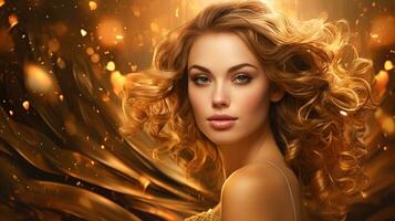 AI generated Banner Elegant blonde woman with voluminous curls, golden dress, beauty portrait in warm tones photo