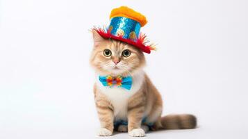 ai generado linda felino con sorprendentes ojos en un reluciente parte superior sombrero y pareo arco atar, adecuado para festivo ocasiones y fiesta celebraciones foto