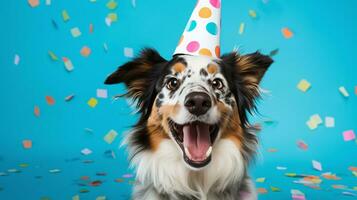 ai generado mirlo australiano pastor cumpleaños fiesta, alegre perro, azul antecedentes con papel picado foto