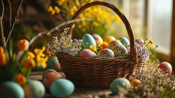 ai generado Pascua de Resurrección cesta con vistoso huevos y primavera flores en brillante fondo, festivo decoración, fiesta concepto. foto