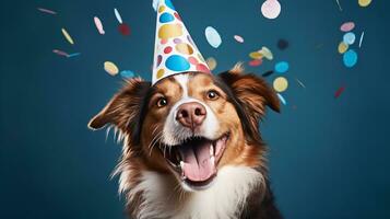 ai generado gracioso australiano pastor en cumpleaños sombrero, alegre perro fiesta, vistoso papel picado celebracion foto