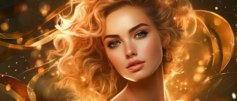 AI generated Banner Glamorous lady with flowing hair and golden earrings, perfect for fashion and glamour shots photo