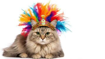 AI generated Colorful party cat in festive feather headdress and jewel tiara on white background - perfect for birthday cards and humorous pet portraits photo