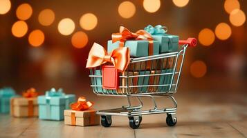 AI generated Festive shopping cart with gifts, warm bokeh lights background, holiday sale concept photo