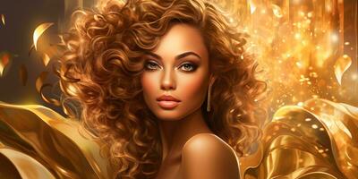 AI generated Banner Elegant woman with golden curls and makeup in a sparkling ambiance photo