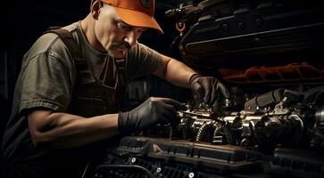 AI generated auto mechanic is fixing car in the garage, car engine in the garage, car in service photo