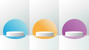 Blue, yellow and purple color cylinder stand podium icon. Mock-up product display vector illustration.