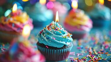 AI generated Vibrant birthday cupcake with lit candle, blue icing, and colorful sprinkles, perfect for party celebration and birthday decoration themes. photo