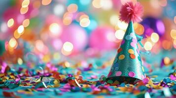 AI generated Vibrant party hat and confetti background, colorful celebration, festive decoration, birthday or New Year's Eve event theme. photo