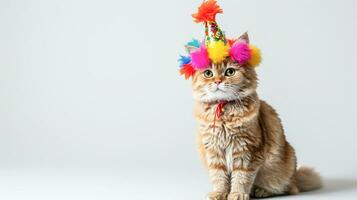 AI generated Banner Cute fluffy tabby cat wearing a colorful birthday hat, sitting against a white backdrop, ideal for invitations or pet parties photo