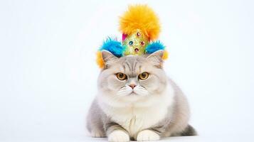 AI generated Gray cat donning a sparkly clown hat with rainbow feathers, looking unimpressed, ideal for humorous birthday invitations and quirky pet apparel designs photo