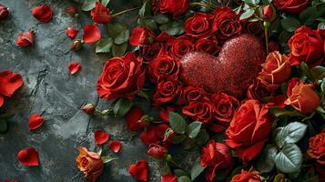 ai generado vibrante rojo rosas y pétalos con Brillantina corazón, Perfecto para romántico, San Valentín día, o tema de amor antecedentes y floral diseños foto