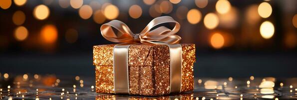 AI generated Banner Elegant glittering gold gift box with ribbon, festive bokeh background, perfect for Christmas or birthday celebrations photo