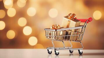 AI generated Shopping cart full of golden gifts with bokeh lights, holiday sale theme photo