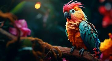 AI generated close-up of atropical wild bird in the forest, tropical wild bird, wild bird in the forest, bird sitting on the tree photo