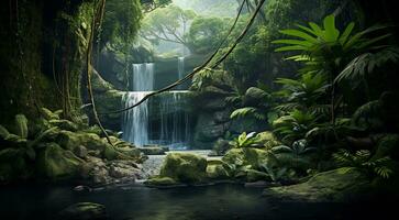 AI generated waterfall in forest, waterfall in the jungle, tropical landscape in the jungle, plants and green trees in the jungle, waterfall with lake in the forest photo