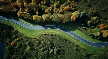 ai generado aéreo ver de autopista en el montañas, ver de el la carretera foto