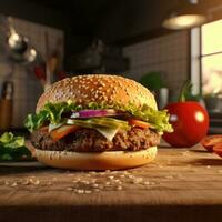 AI generated Home made hamburger with lettuce and cheese photo