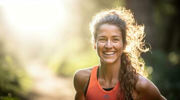 ai generado sano mujer con hermosa sonrisa. sendero correr, maratón, triatlón correr, al aire libre naturaleza. foto