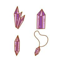 Set of crystals purple diamonds. Gemstone magic. Vector doodle