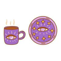 Purple cup and plate with third eye. Vector doodle