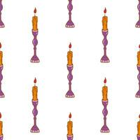 Seamless pattern. Burning orange candle in antique candlestick. Vector