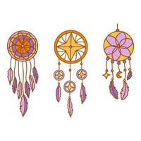 Set of dreamcatchers with feathers, flower, star and crescent. Vector