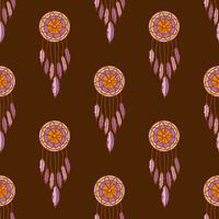 Seamless pattern. Dreamcatcher with feathers and flower. Vector