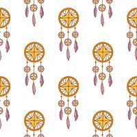 Seamless pattern. Dreamcatcher with three purple feathers. Vector